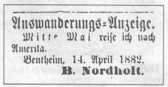 Auswanderungsanzeige von 1882